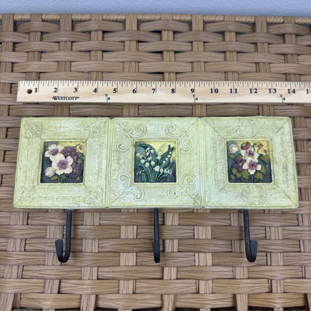 Wall Mounted 3-Hook Rack Floral & Garden Country Wood/Metal Green/Black 16 in